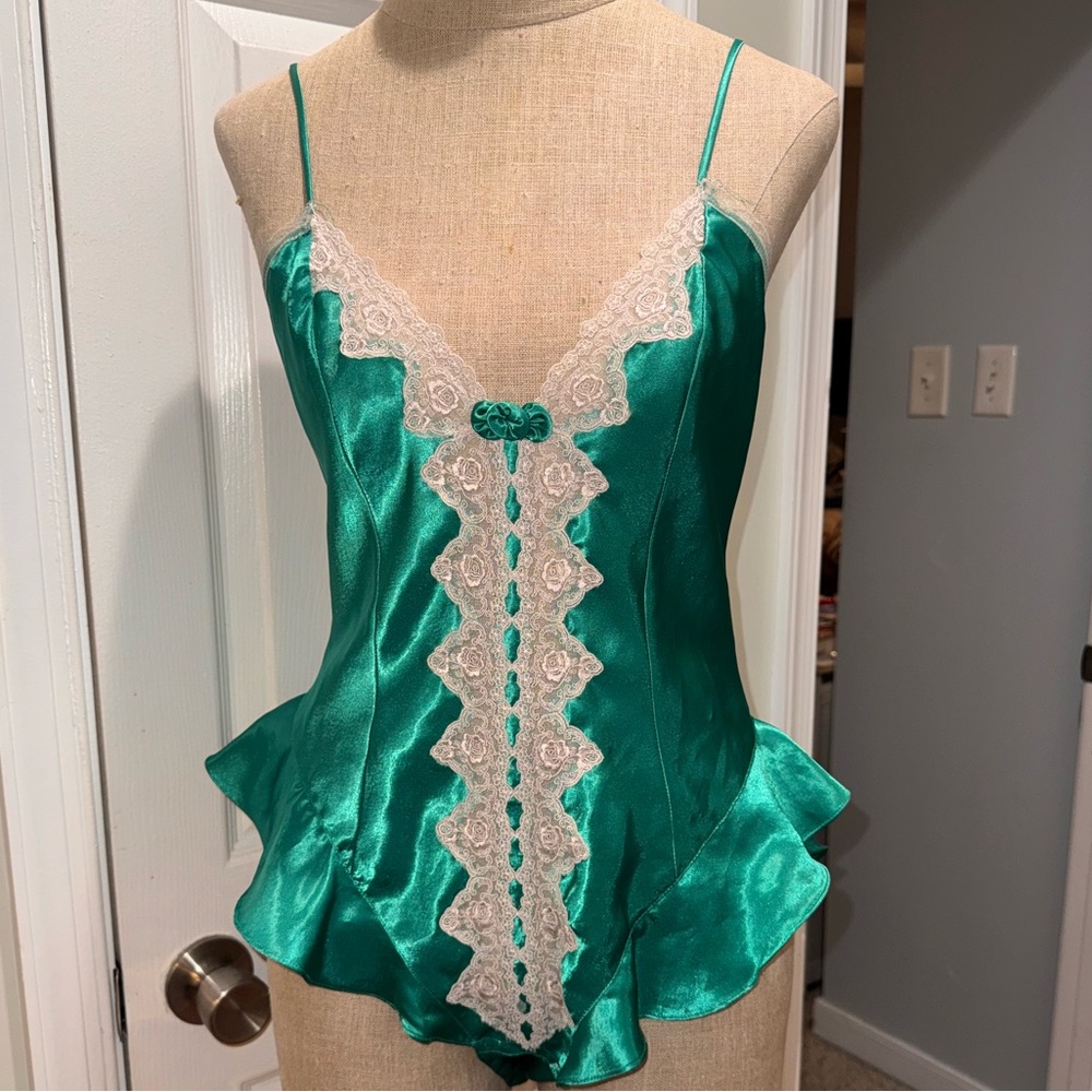 Victoria's Secret vintage green Satin Lace Chemise body suit teddy lingerie